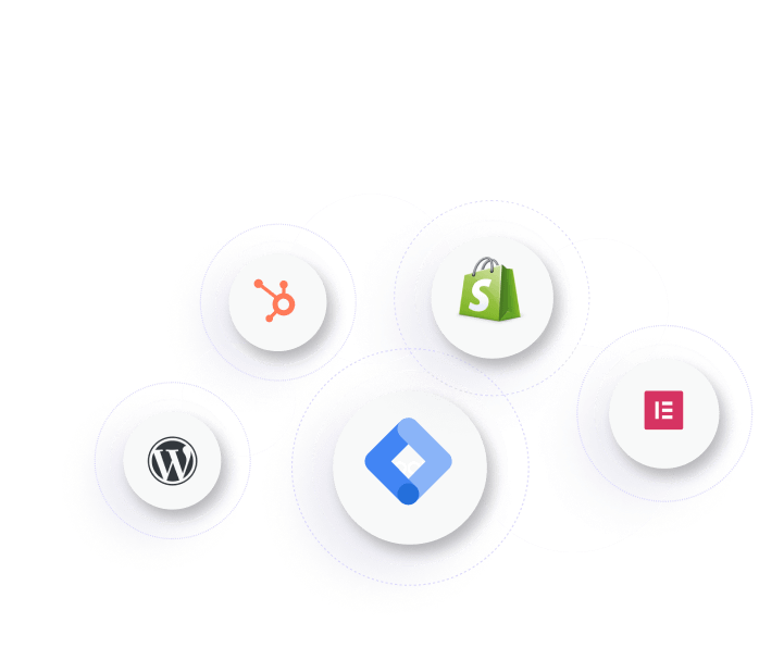 Quattro cerchi che rappresentano le principali piattaforme e strumenti di gestione dei siti web: logo di HubSpot, logo di Shopify, logo di WordPress e logo di Google Tag Manager.